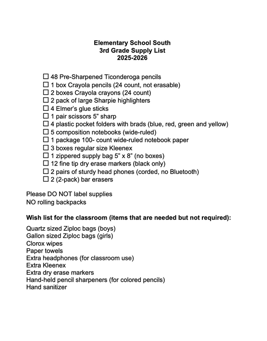 Elementary School South 3rd Grade