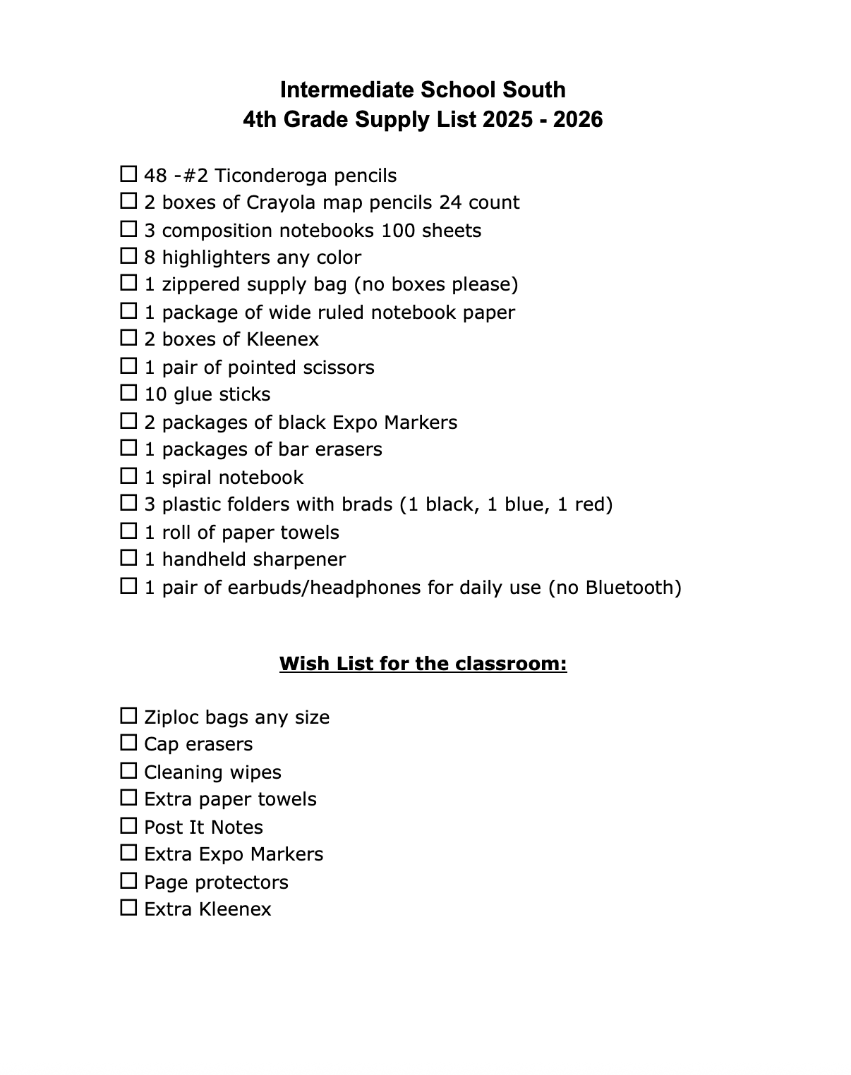 Intermediate School South 4th Grade